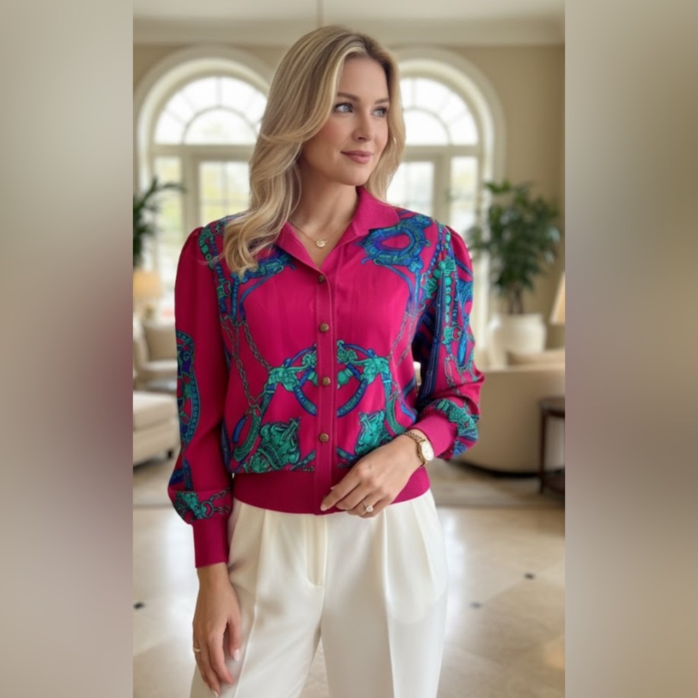 Women's Fuchsia Printed Button-Front Blouse